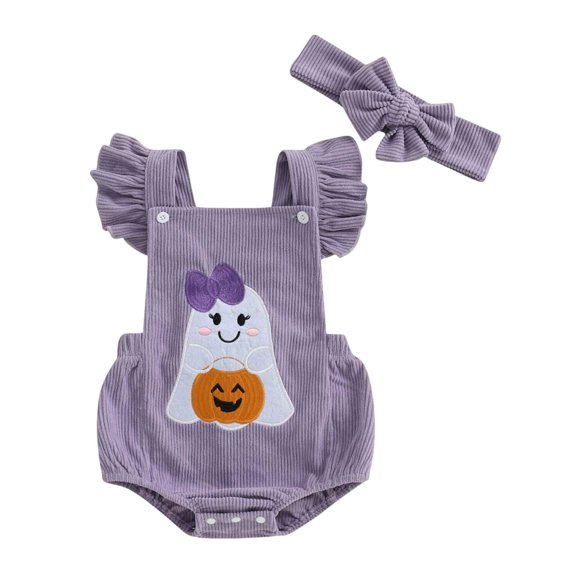 Staki Halloween Baby Girl Outfit Newborn Pumpkin Bubble Romper Bodysuit Corduroy Overalls Infant Clothes(Purple,12-18 Months)