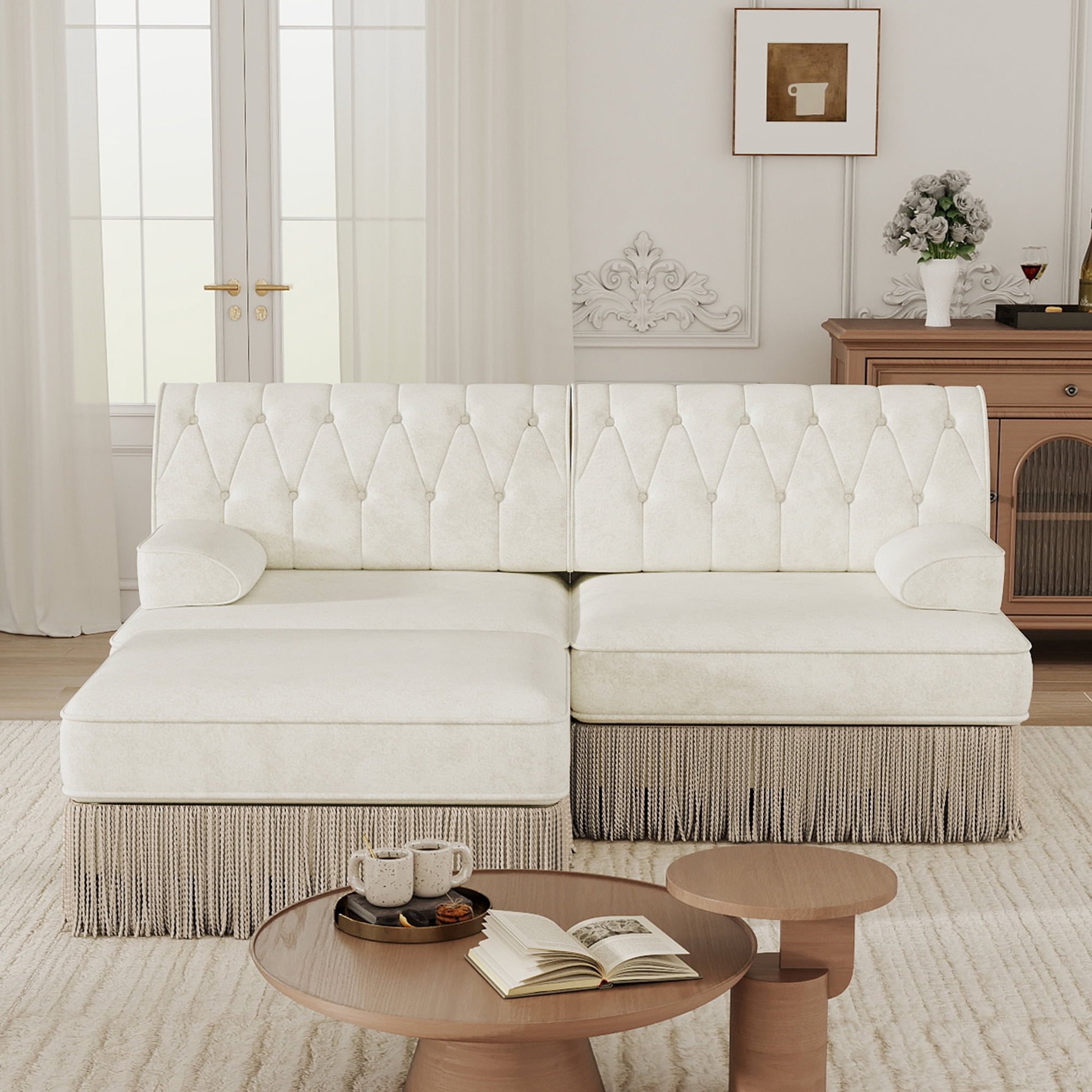 MAYEERTY L-Shaped Modular Sectional Sofa, Tufted Couch with Tassel Fringe Skirt & Ottoman, Wooden Base for Living Room Bedroom