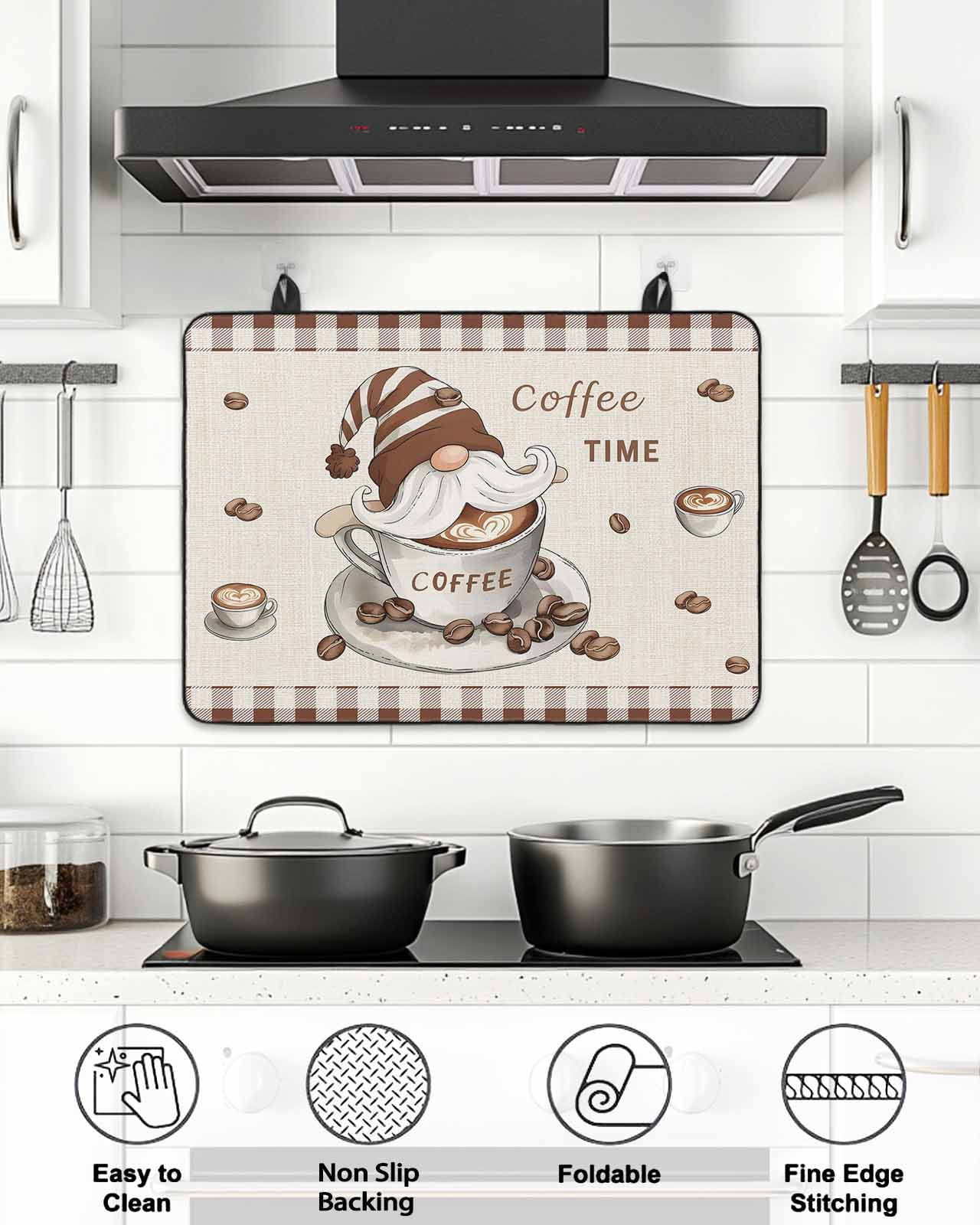 Stove Top Covers for Electric Stove, Coffee Gnomes Glass Stovetop Cover Protector, Farmhouse Brown Plaid Teacup Beans Induction Cooktop Protector Oven Mat for Kitchen Countertop 31"x24"