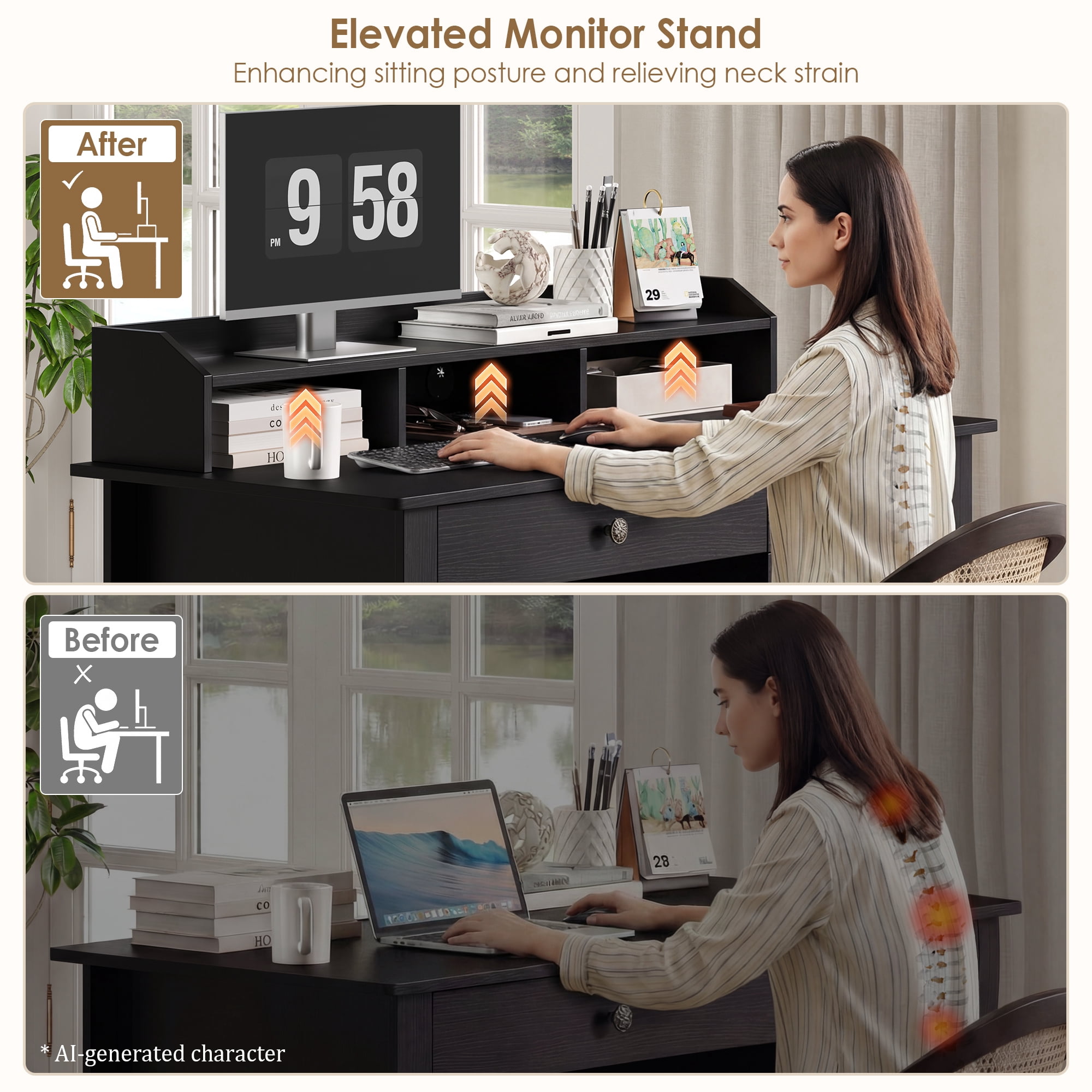Homfa Black Computer Desk with Monitor Stand, 47in Wide Office Desk with Storage, Modern Executive Desk with File Drawers for Home & Study