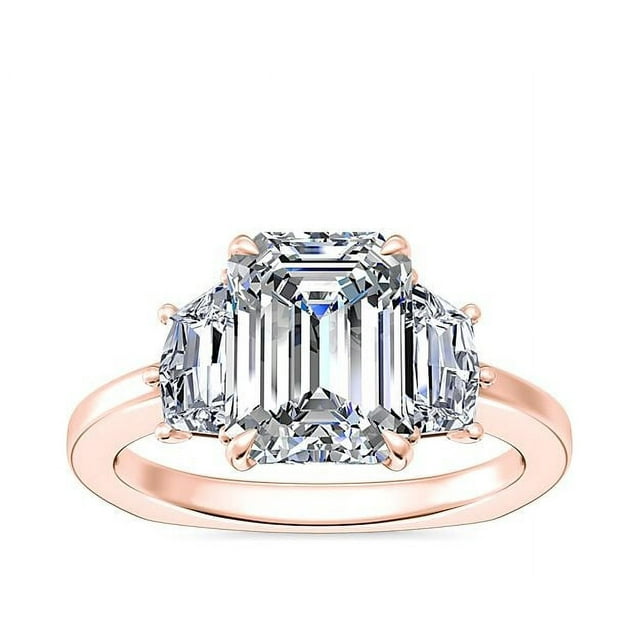 0.80 Carat Excellent Emerald Cut Natural Diamond Unique Three Stone Ring for Engagement Solid 14K Rose Gold Size 8.5