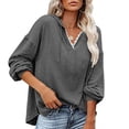 thumbnail image 1 of Mujeres con capucha Top encaje empalme cuello en V hombro caído cordón suéter suelto sudaderas para dama gris oscuro XL, 1 of 5