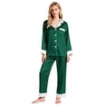 thumbnail image 2 of Ensemble de Pyjama en Satin pour Femmes, Couleur Unie avec Garniture Contrastée, Haut à Manches Longues avec Col Cranté et Pantalon, Détail de Manchette Contrastée Élégant, Vêtement de Nuit à Boutons Vert TG, 2 of 8