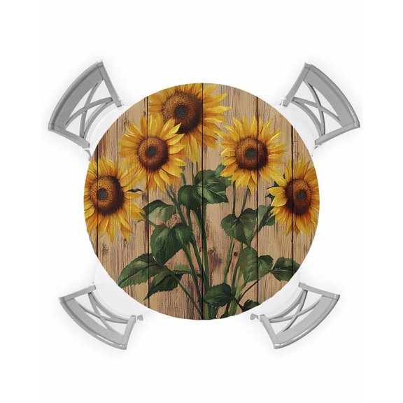 nqOlkjepod Vintage Sunflower Round Tablecloth, Fitted Table Cover with Elastic for 36"-44" Round Tables, Farmhouse Vintage Wooden Floral Table Cloth Outdoor Dinning Party Waterproof Tablecloths