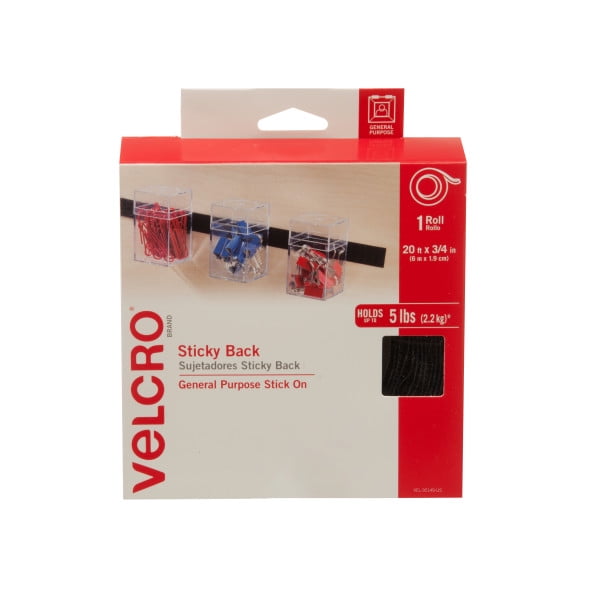 VELCRO Brand - Sticky Back Hook and Loop Fasteners – Peel and Stick Permanent Adhesive Tape Keeps Classrooms, Home, and Offices Organized – Cut-to-Length | 20ft x 3/4in Roll, Black