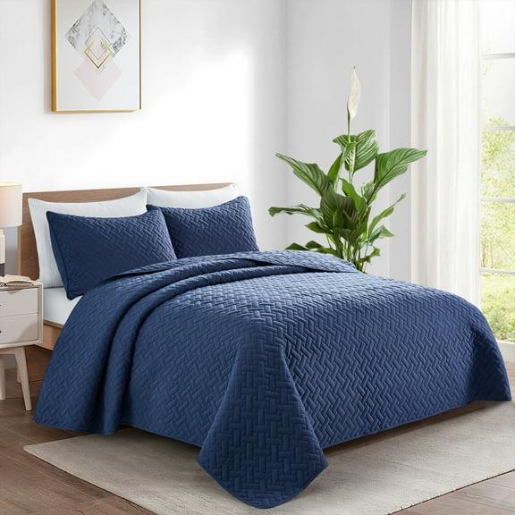 Peace Nest 2-Piece Reversible Utral Soft Miscrofiber Textured Pattern Quilted Coverlet Set, Navy Blue, Twin
