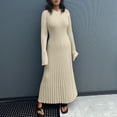 thumbnail image 2 of Sngxgn Women's Crewneck Long Sleeve Tie Waist A-Line Swing Bodycon Short Dress Casual Solid Ribbed Knit Sweater Dress(Beige,L), 2 of 7