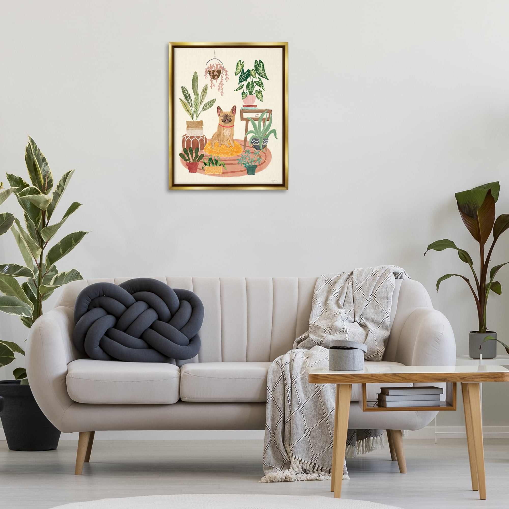 Stupell Industries Pug Dog with Plants Animals & Insects Painting Gold Floater Framed Canvas Art Print Wall Art, 25 x 31