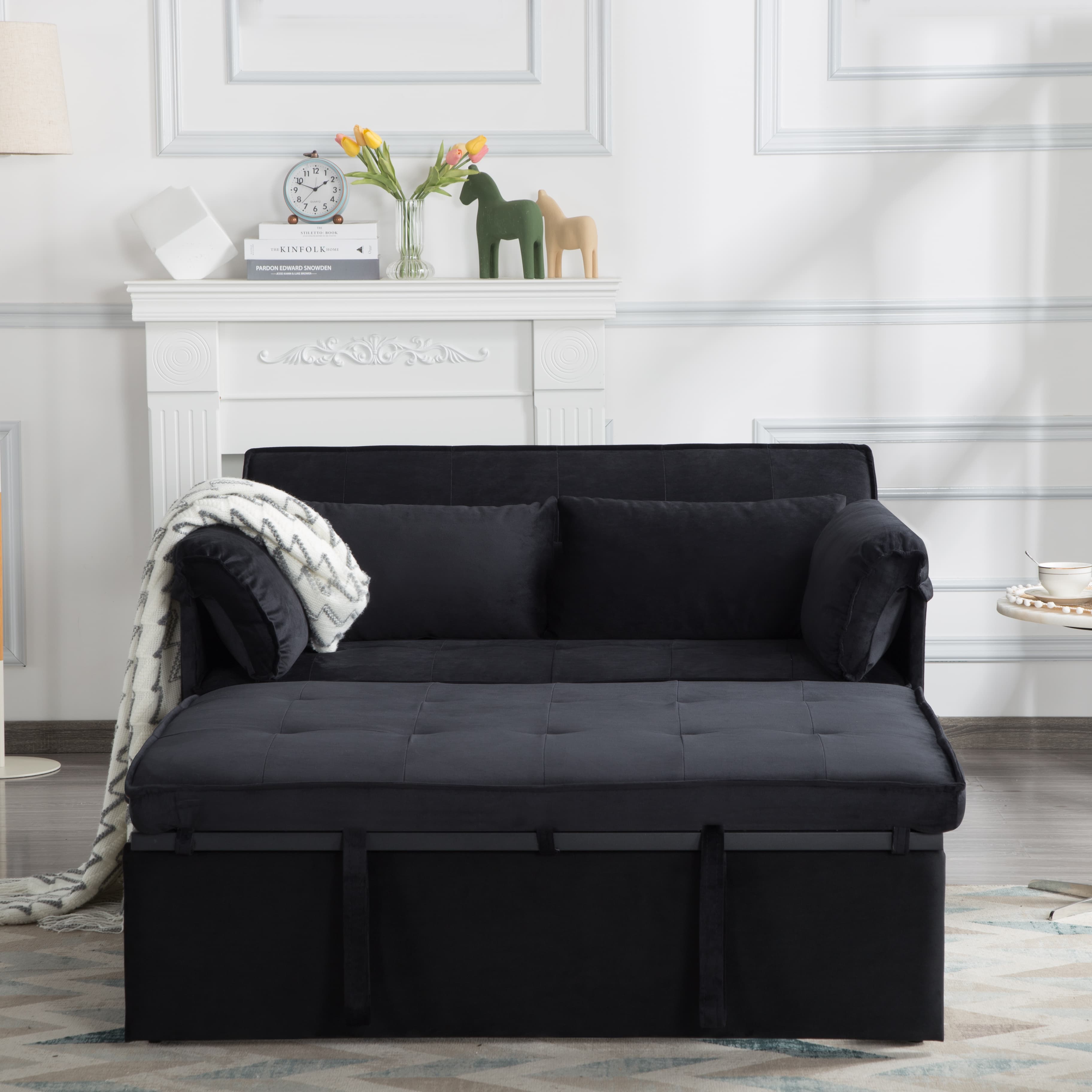 BSHTI 46”Twin Size Sleeper Sofa Bed,5 Angles Reclined,Velvet Upholstered Loveseat,Pull-out Sleeper Sofa,Perfect for Small Spaces(Black)