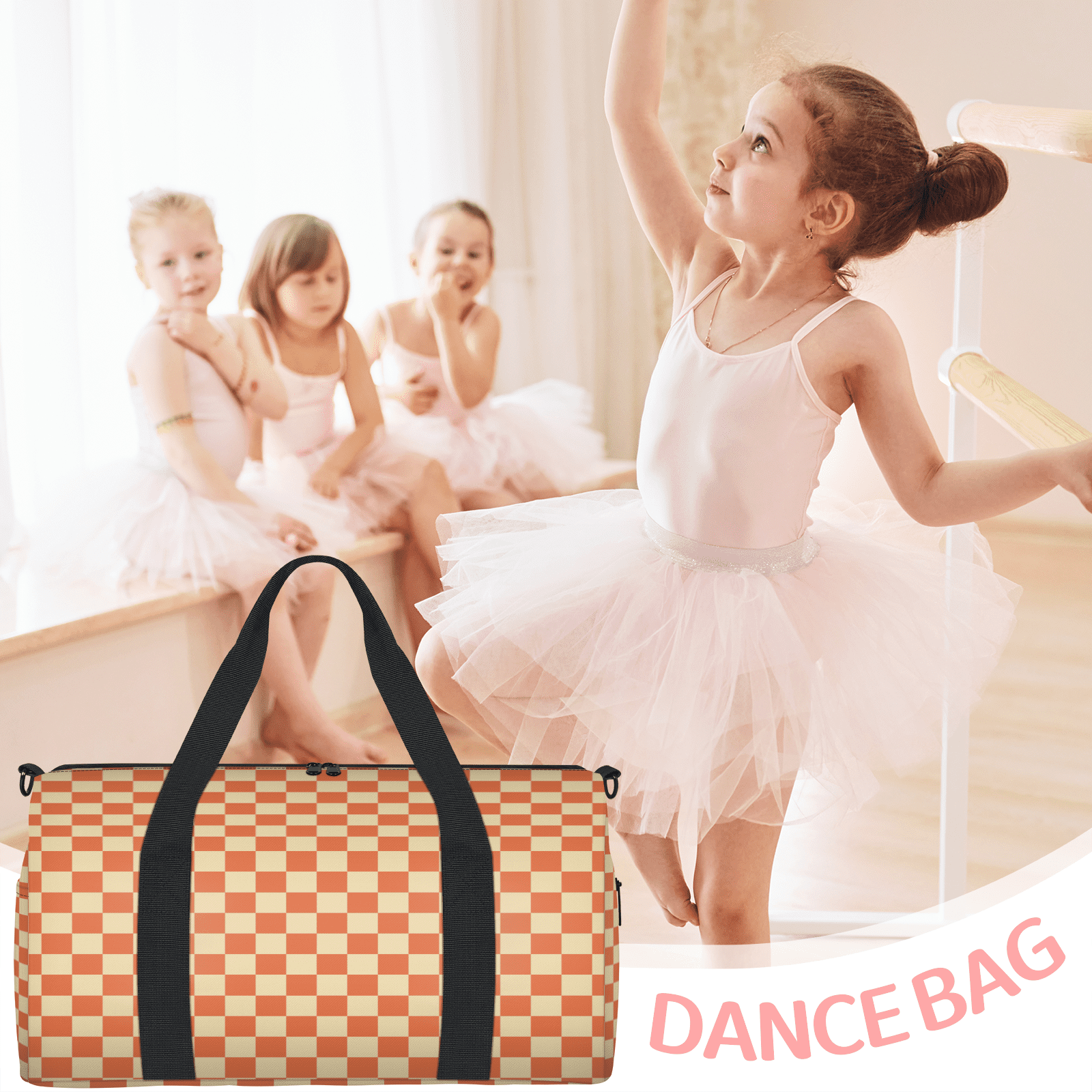 Herdesigns Checkerboard Orange Travel Duffle Bag Sports Yoga Weekender Overnight Carry on Workout Bags Lightweight Waterproof Gym Tote Bag for Women