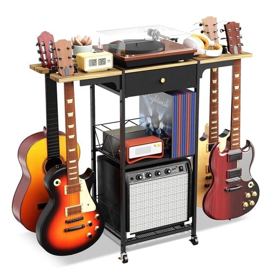 【HOSTK】3-Tier Rolling Guitar Stand with Wheels – Eco-Friendly Multifunctional Floor Rack with Amp Drawer & Storage Shelf, Portable Organizer for Electric, Acoustic Guitars, Music Studio & Home
