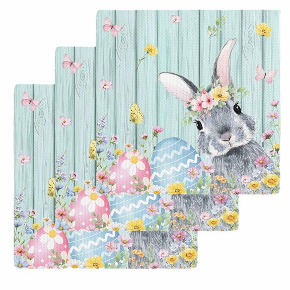 Easter Bunny Kitchen Dish Towels for Drying Dishes Set of 3, Blue Easter Eggs Spring Floral Teal Wooden Waffle Weave Microfiber Hand Tea Bathroom Towels Quick Dry & Absorbent Towel 12x12