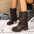 thumbnail image 2 of Fold over Mid Calf Boots for Women Vintage Leather Buckles Square Toe Chunky Heels Motorcycle Riding Tall Boots Brown Size 8, 2 of 7