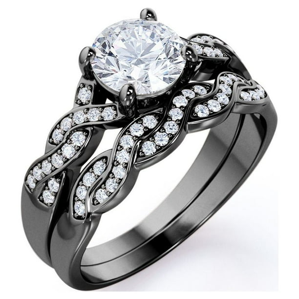 Conjunto nupcial JeenMata de moissanita de corte redondo de 1,25 quilates - Conjunto nupcial - Anillo infinito - Anillo para siempre - Anillo de promesa - Chapado en oro negro