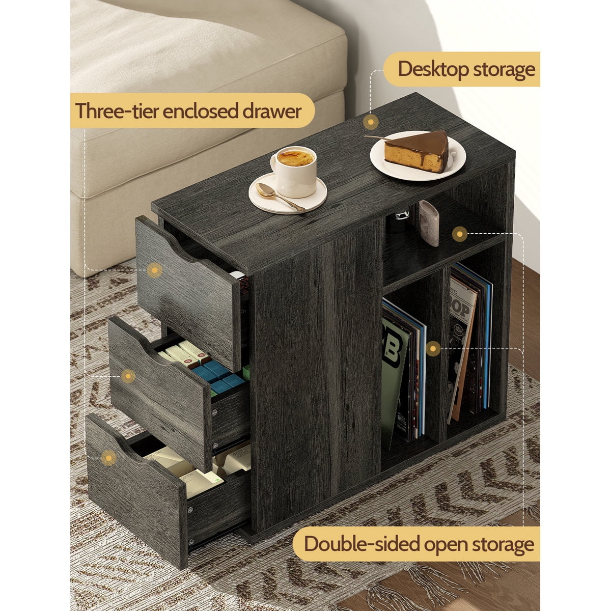 Vividwood Narrow End Table with 3 Drawers and Storage Shelves for Living Room, Bedroom, Black