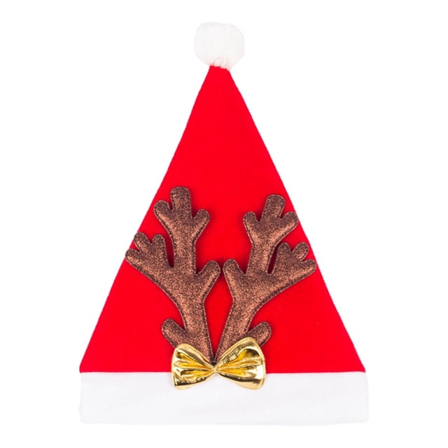 sombrero rojo zulema navideño con asta para fotografía gorro de Navidad cónico rojo con borde blanco y pompón blanco en la punta, apliques de astas marrón texturizadas y lazo dorado en la base; tamaño 14.96" x 11.02" x 1.97", tela suave según ficha, adecuado para cosplay, fiestas y sesiones fotográficas.