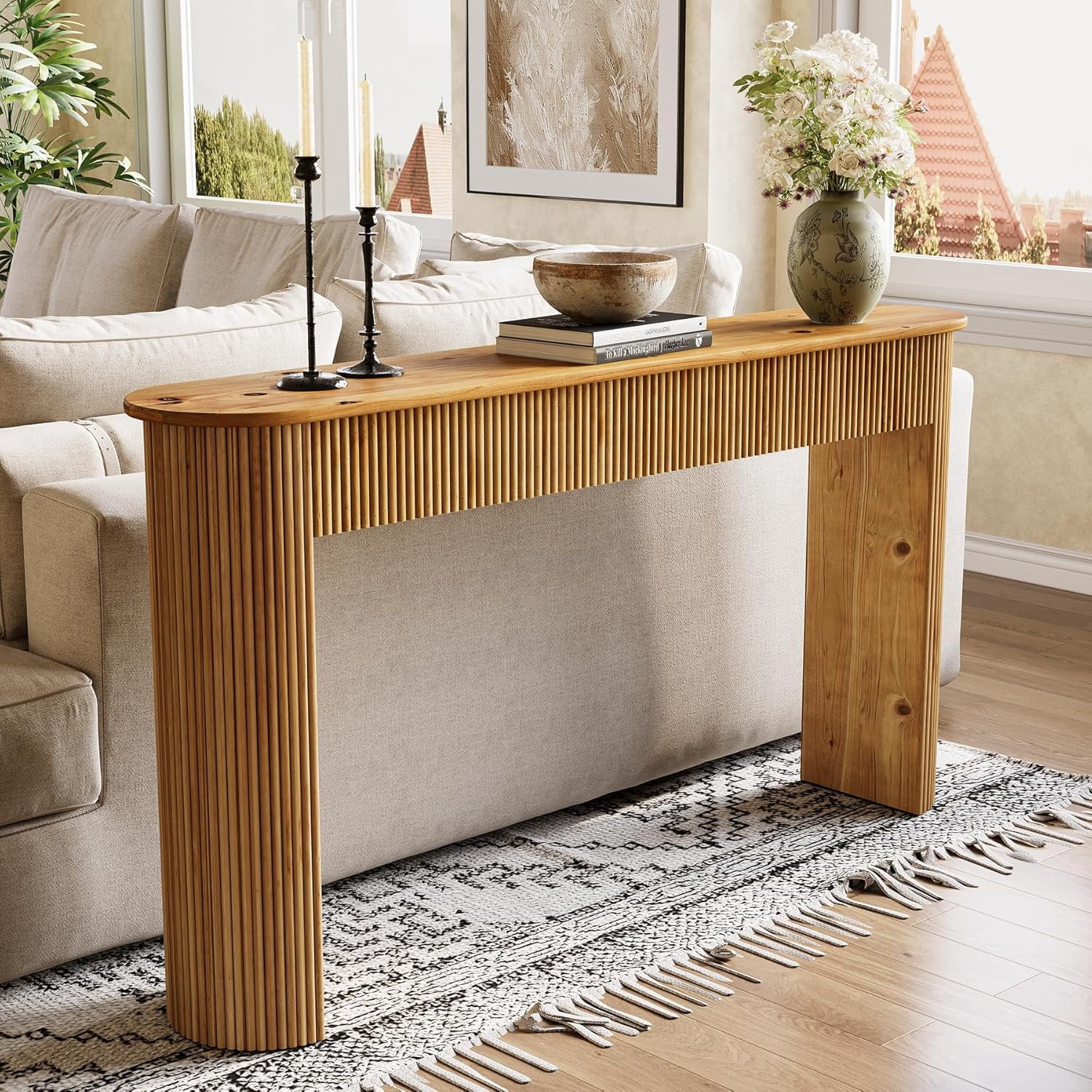 63" Long Solid Wood Entryway Table, Retro Console Table