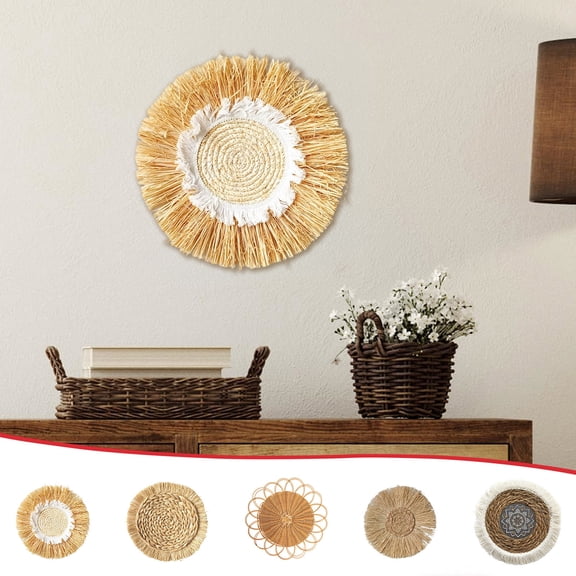 Bohemian Style Round Woven Wall Decor, Handmade Wicker Wall Hanging Ornament, Decorative Wall Art for Bedroom Dining Room, Cozy Boho Home Living Room Wall Decoration Accessory, Khaki-C