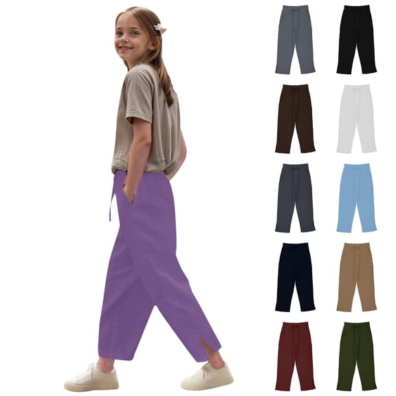 Asxite Toddler Girls Pants Solid Linen Wide Leg Pocket Elastic Waist Breathable Sweatpants 2-12Y