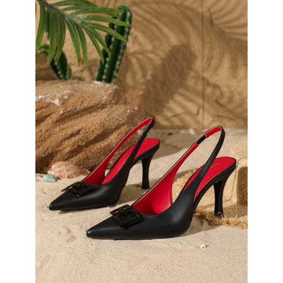 Elegant and comfortable square-buckle high heels, fashionable and versatile.