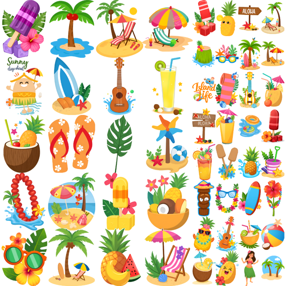 54 Temporary Tattoo Stickers Waterproof Long-lasting Body Stickers Hawaiian Beach Coconut Tree Ice Cream Swimming Ring Kids Boys Girls Tattoo Stickers Arm Arms Shoulders Cheeks