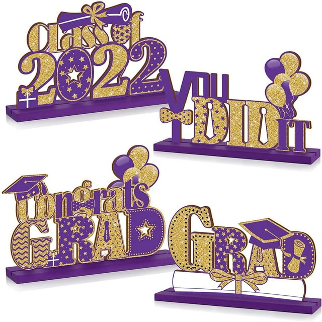 4 Pieces 2022 Graduation Party Decorations Wooden Class of Grad Congratulate Graduation Table Toppers for High School Co