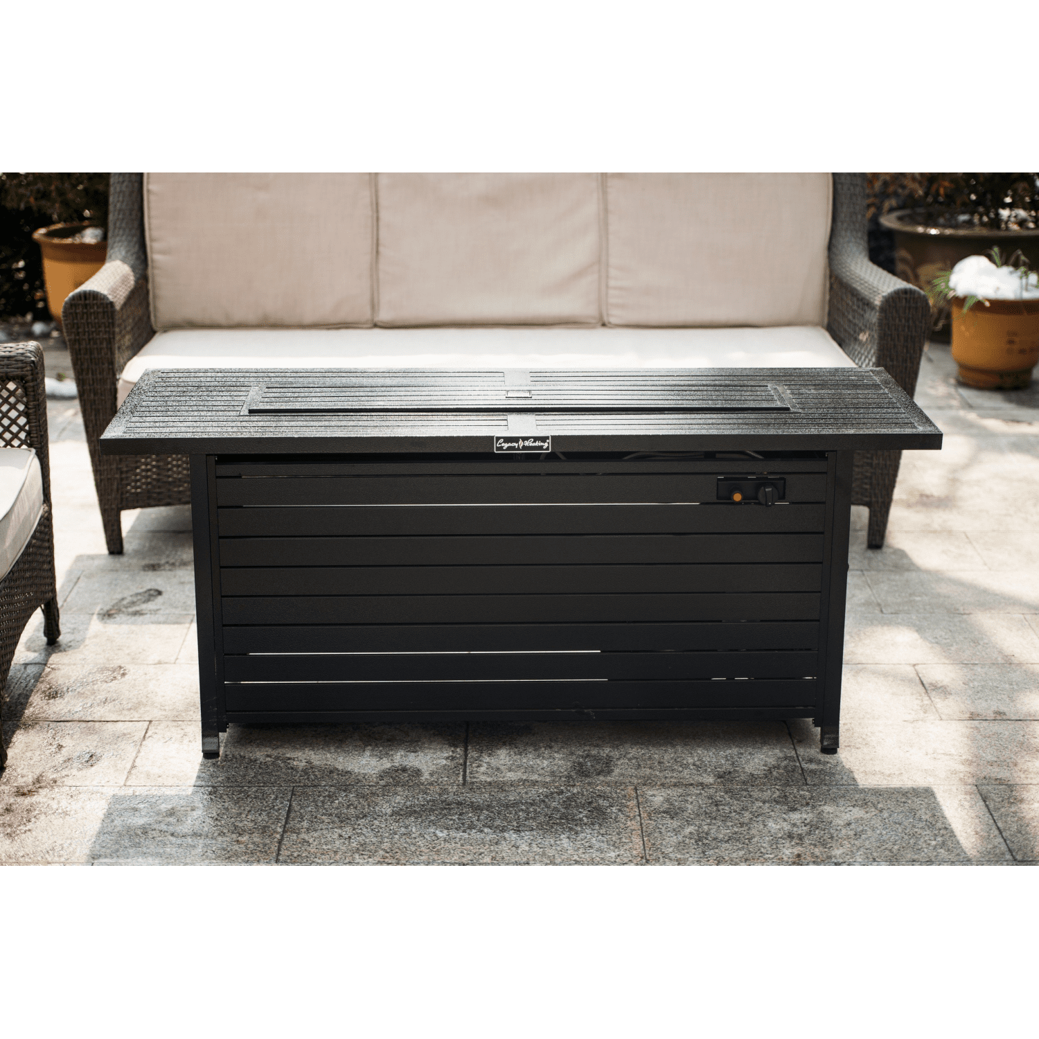57in Outdoor Gas Propane Fire Pits Table, Aluminum, 50000BTU Firepit Fireplace Dinning Table with Lid, Fire Glass, Retangular, ETL Certification, for Garden Backyard Deck Patio-hammered black 41752