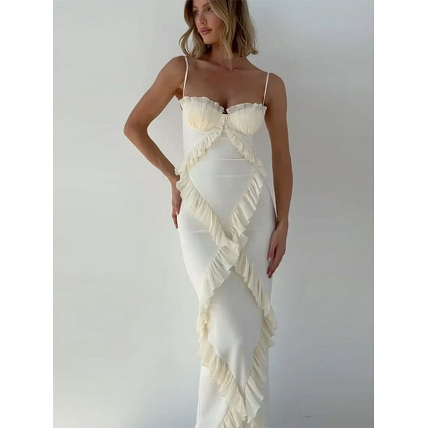 Vestido elegante de gasa con volantes para mujer, vestido Sexy con tirantes, Espalda descubierta, sin mangas, vestidos largos divididos, vestido de fiesta de noche de verano para mujer