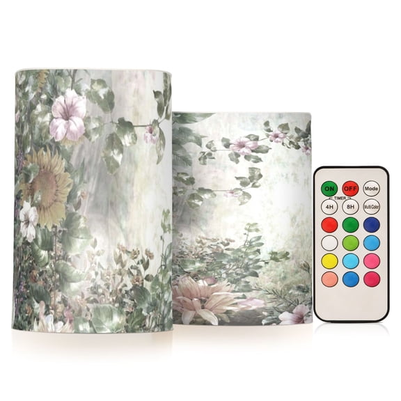 Abstract Spring Flowers Flickering Flameless Candles Battery Operated with Remote Timer LED Pillar Candles Set of 2