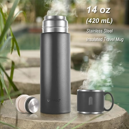 UUFFOO 14oz Stainless Steel Travel Mug, 420mL Double Wall Insulated Thermos Water Bottle with Cup Lid, Black