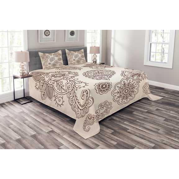 Ambesonne Floral Quilted Bedspread Set 3 Pcs, Monochrome Paisley Doodle, King Size, Beige Brown