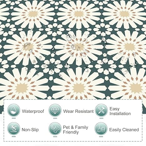 MORCART Peel and Stick Floor Tile - 20 PCS, 7.87" x 7.87" Vinyl Flooring - Waterproof Self-Adhesive Tile Sticker for Wall Backsplashes, Bathroom, Kitchen - Green Floral Look