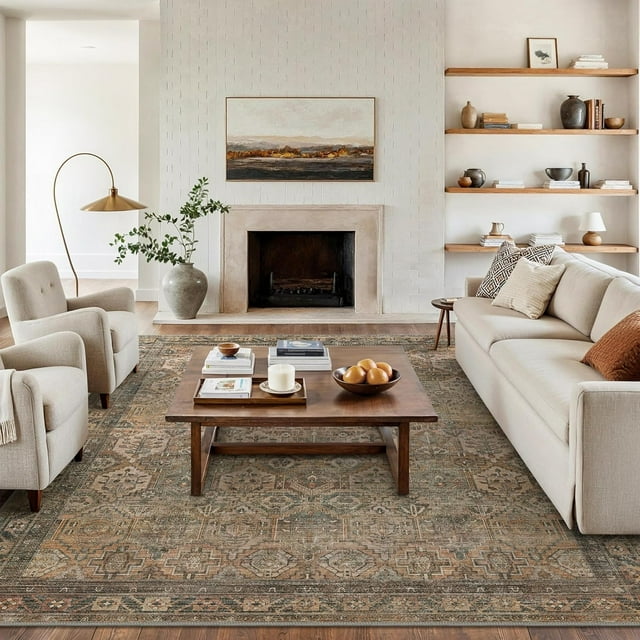 Area Rug x for Living Room Bedroom Dining Room Washable Rugs Vintage Distressed Print Carpet UltraThin Chenille Low Pile Lightweight Rug with Non Slip Backing Sepia
