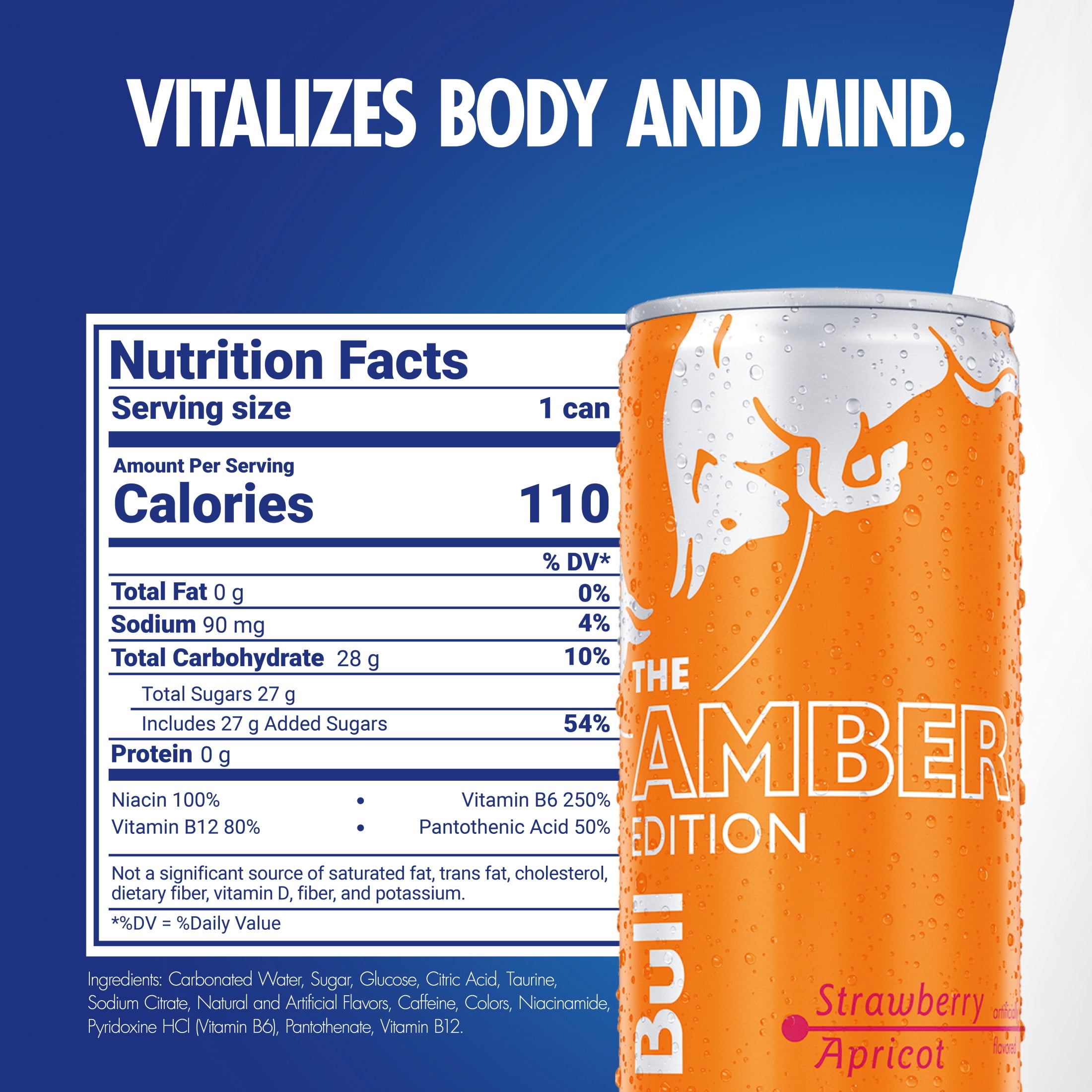Red Bull Amber Edition Energy Drink, Strawberry Apricot, 80mg Caffeine, 8.4 fl. oz., Pack of 4 Cans