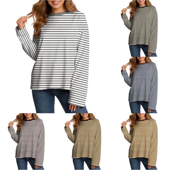 RUTAYY Women's T-Shirts Long Sleeve Striped Casual Loose Fit Crew Neck Comfortable Breathable Tees Holiday Beach Tops