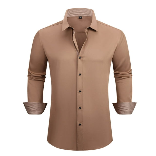 Blusa y camisa de manga larga con cuello vuelto para hombre, estilo informal, con botones y cuello liso, de poliéster.