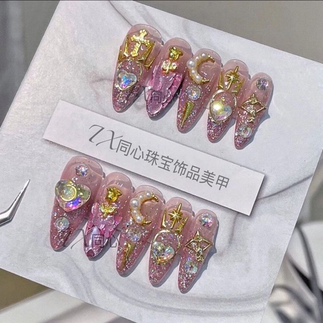 Uñas postizas de bailarina francesa para manualidades, uñas de Stiletto de cubierta completa, dibujos animados, lindo lazo de boda rosa, Diamante largo, ataúd