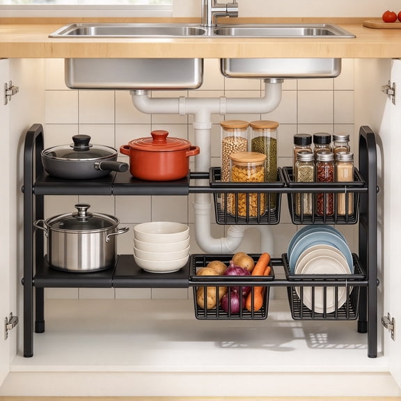 Expandable 2-Tier Under Sink Organizers and Storage, Adjustable Sink Shelf with 4 Storage Baskets, Cabinet Storage Rack for Kitchen, Bathroom, Black
