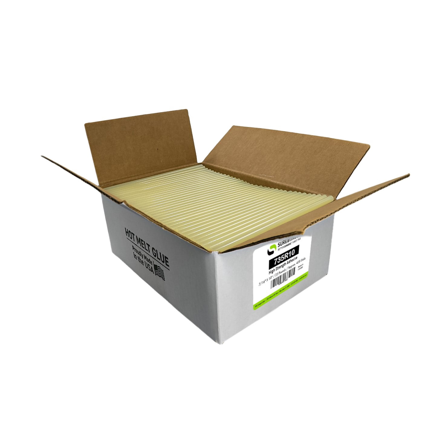 Surebonder Industrial High Strength Hot Glue Sticks, Standard Full Size 7/16" x 10" Length, 25 lb. Box, 450 Sticks, Amber Color, For Tough Applications - Made in USA (735R10)