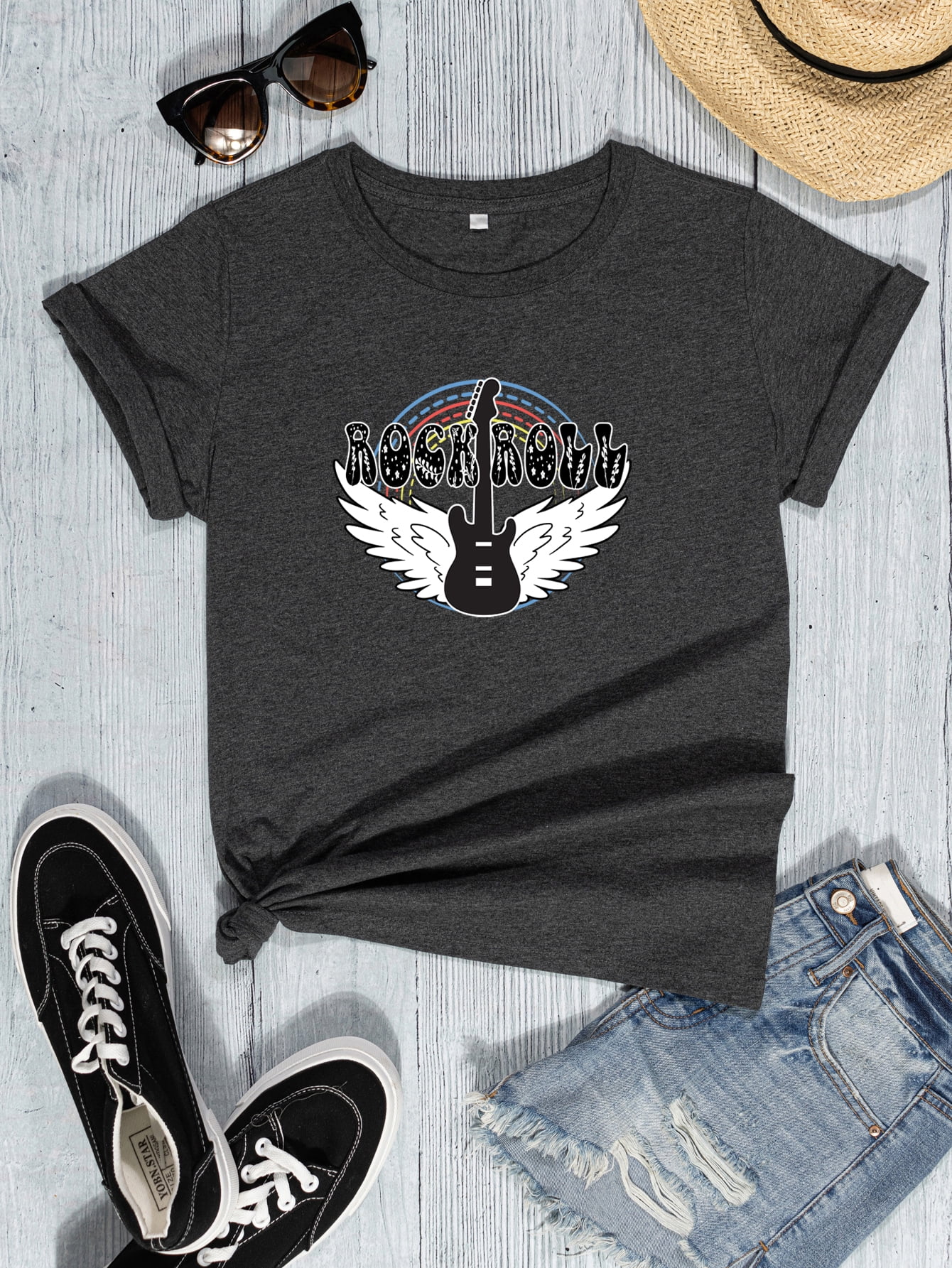 FIUFY Womens Guitar Rock Roll Short Sleeve Graphic Tees Summer Casual Music and Band TShirts