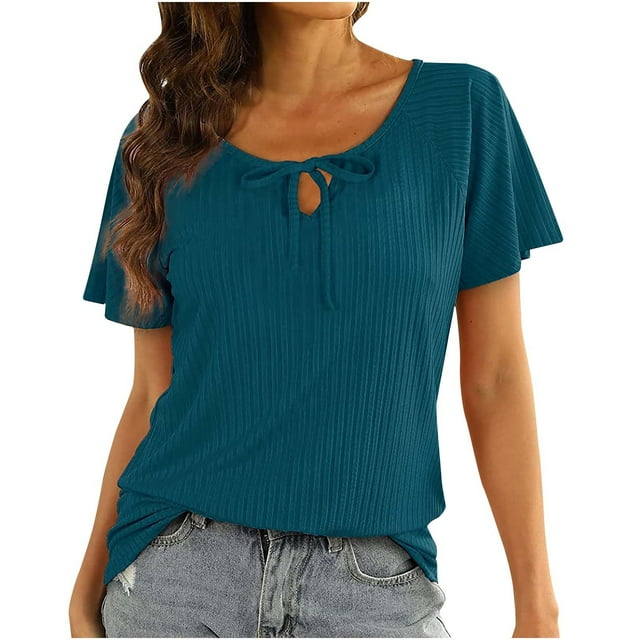 Verano mujer moda cuello redondo con cordones manga corta Color sólido camisa Casual camisetas Fridja zx1080