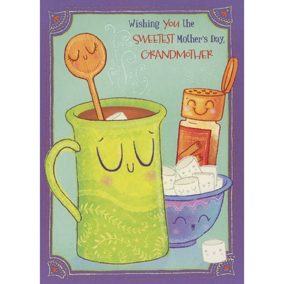 Designer Greetings Smiley Green Mug, Wooden Spoon, Marshmallows and Cinnamon Juvenile Mother's Day Card for Grandmother