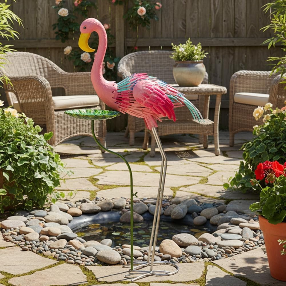 Metal Crane Garden Statue for Outside, Large Heron Outdoor Statues with Leaf Tray, Elegant Crane Yard Art Garden Decor for Garden Yard, Porch