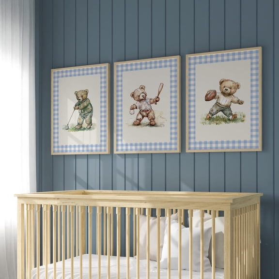 Boy's Nursery Wall Art Vintage Sports s Blue Gingham 1889 Set 3 Unframed Paper Print 8x12