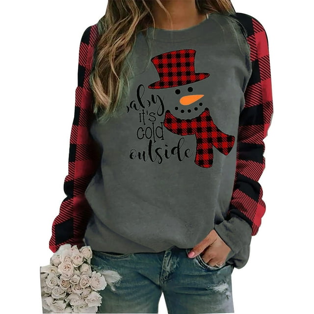 xiaxaixu T-shirt Imprimé Femmes Noël, Pull-Over Patchwork à Manches Longues