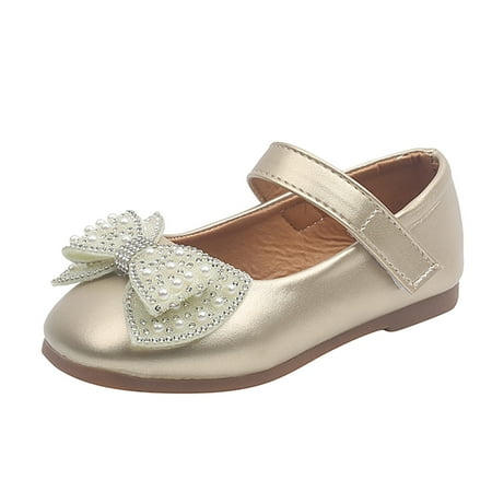 

TAIAOJING Girls Flat Dress Shoes Shoes Bow Pearls Flat Bottom Dress Hook Loop Non- Shoe