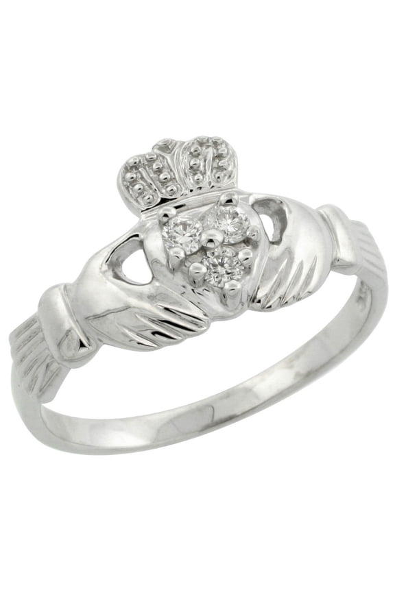 Small 14k White Gold Diamond Claddagh Ring for Women Irish Wedding Band 0.10 cttw 3/8 inch size 5