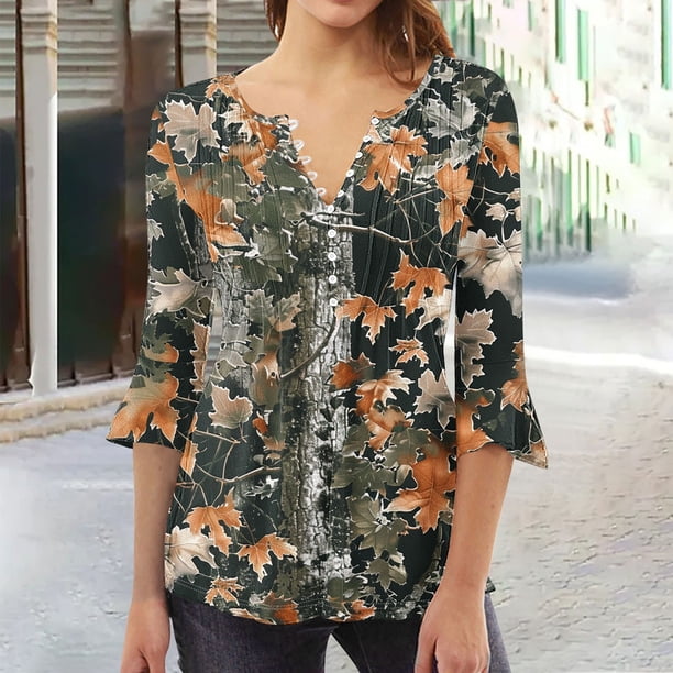 Fiudx Ropa de Mujer Camiseta Estampada a La Moda para Mujer, Blusa con Mangas 3/4, Camisetas Informales con Cuello En V