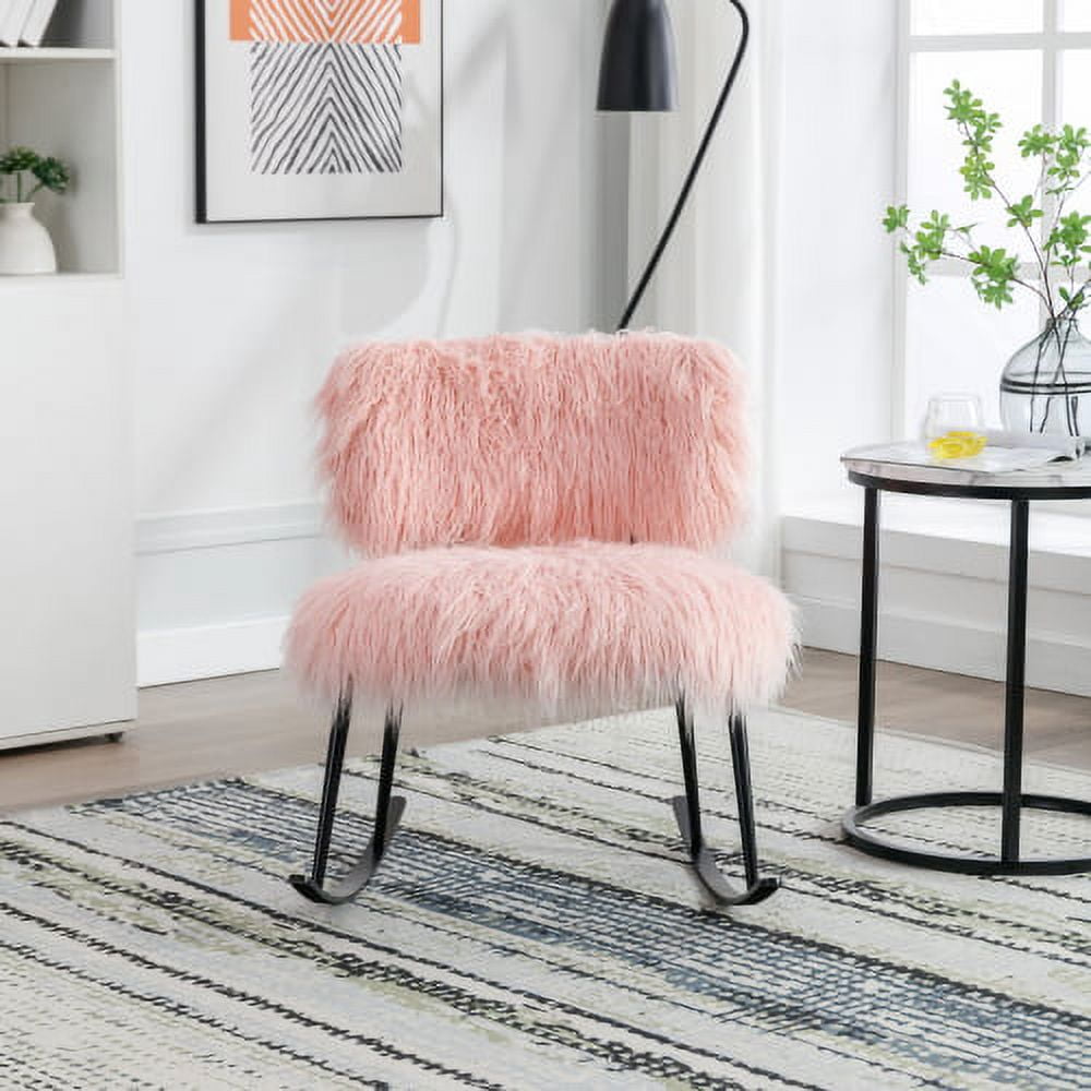 BSHTI25.2'' Wide Faux Fur Plush Nursery Rocking Chair, Baby Nursing Chair, Fluffy Upholstered Glider Chair, Comfy Modern Chair for Living Room, Bedroom (Pink)