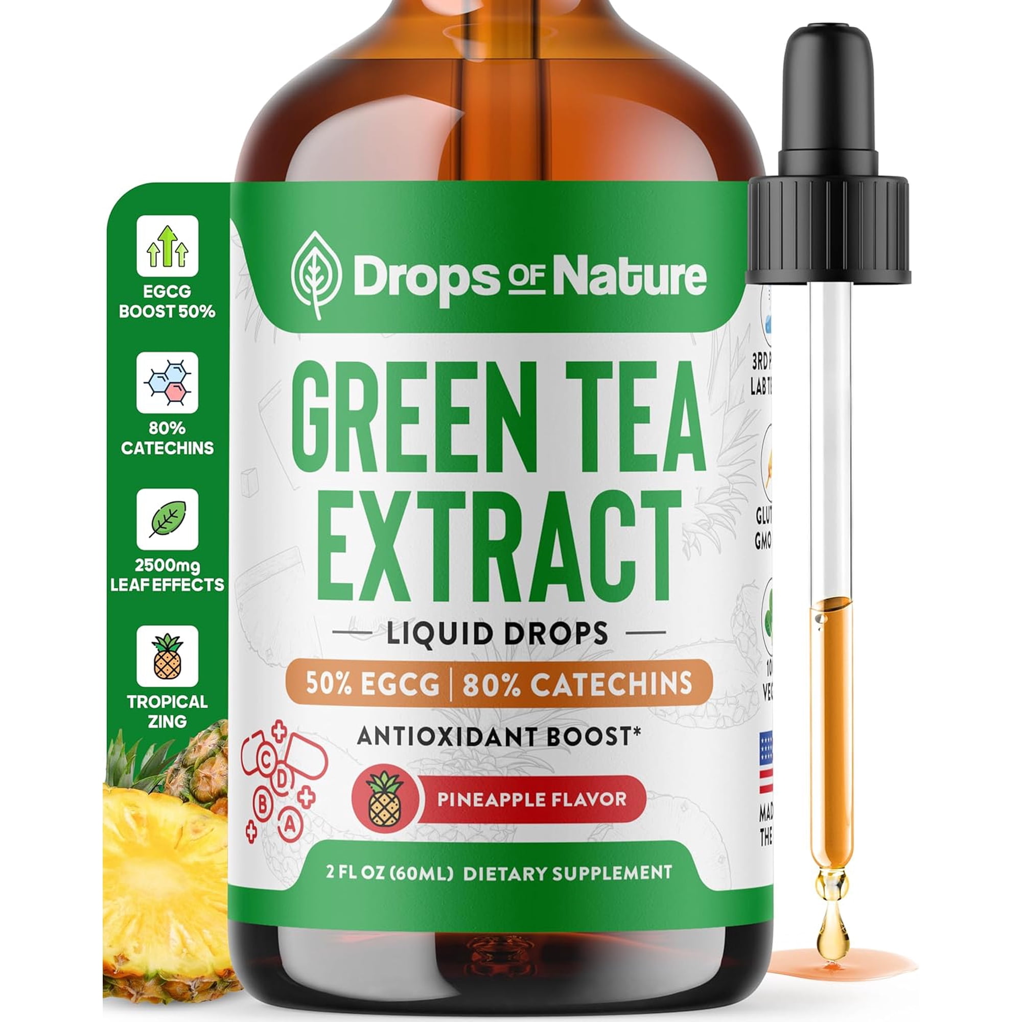 Drops of Nature Green Tea Extract 1000mg Drops for Antioxidant Boost, Pineapple Flavor, 2 fl oz